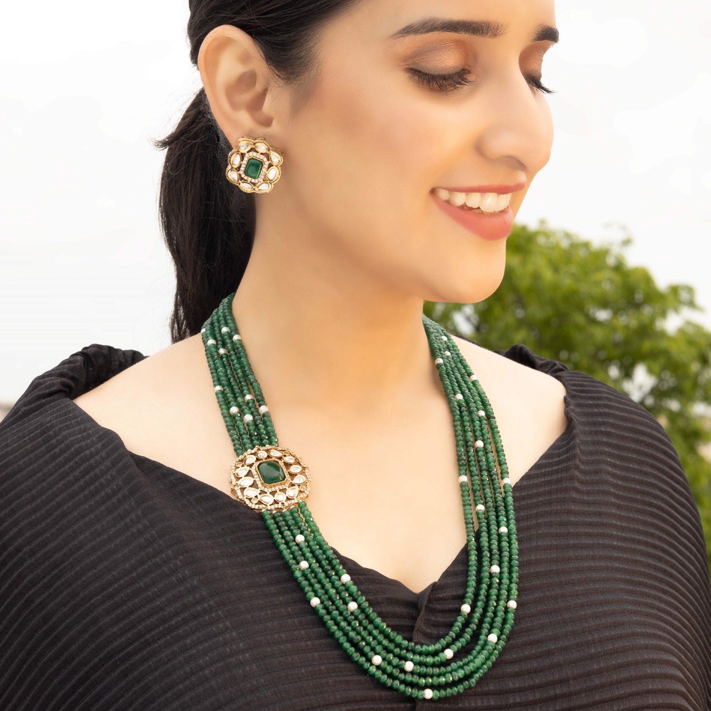 Green Emerald Beading Side Pendant Haar Set