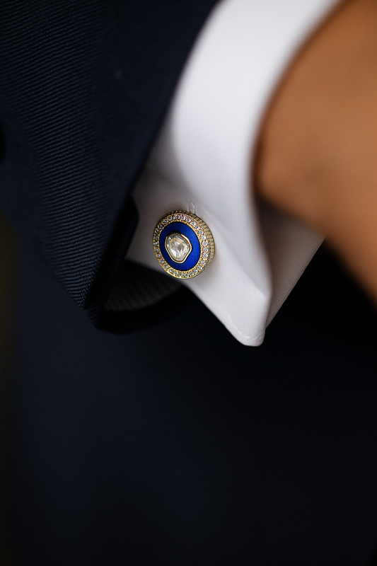 Peacock Blue Enamel Bezel Setting Polki Diamond Mens Gold Finish Cuff Link Pair