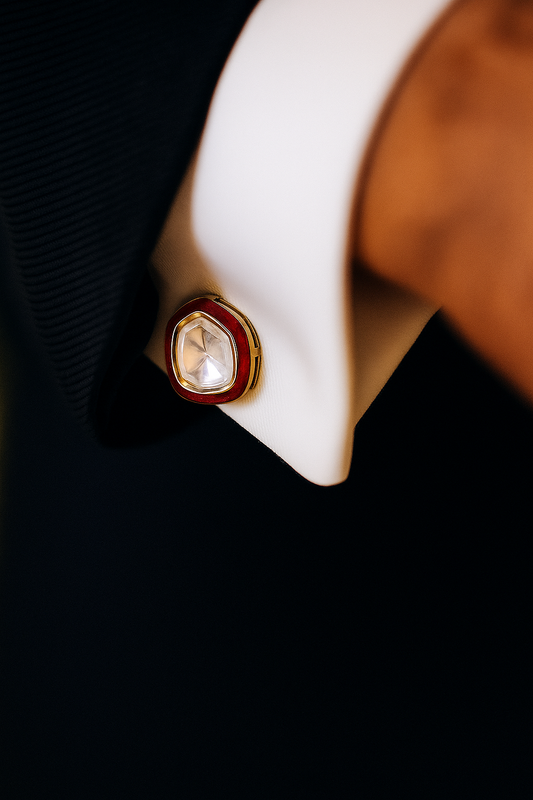 Glazed Red Enamel Gold Finish Polki Diamond Mens Cuff Link Pair