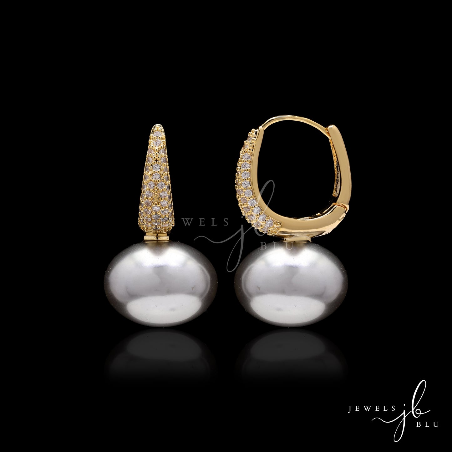 Metallic Light Grey Fresh Water Pearl Gold Finish Huggie Earrings with Micro Setting American Diamonds