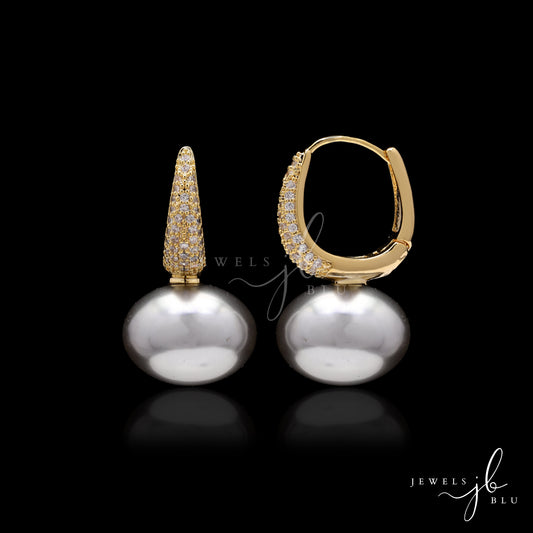 Metallic Light Grey Fresh Water Pearl Gold Finish Huggie Earrings with Micro Setting American Diamonds