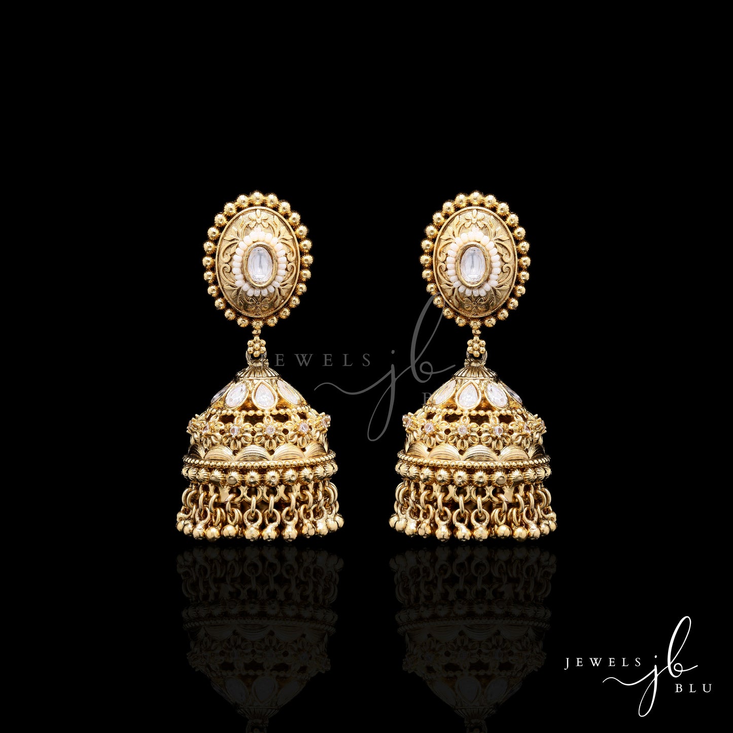 Traditional Janki Jhumka Earrings with Polki and Pearl Bead Detailing