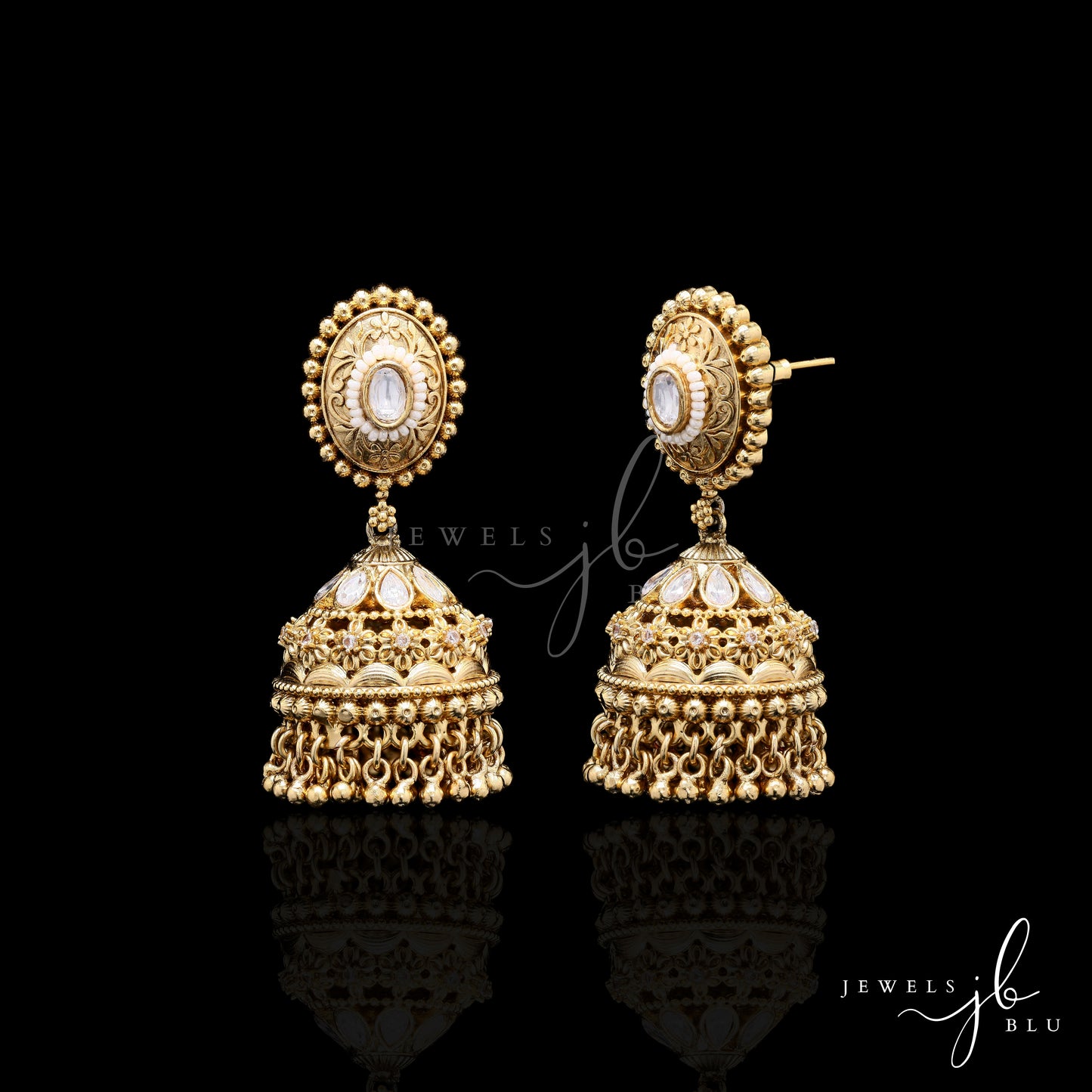 Traditional Janki Jhumka Earrings with Polki and Pearl Bead Detailing