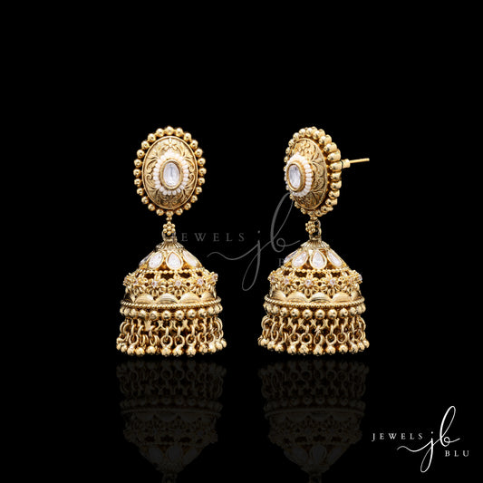 Traditional Janki Jhumka Earrings with Polki and Pearl Bead Detailing