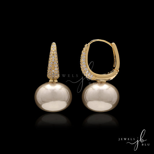 Metallic Gold Fresh Water Pearl Gold Finish Huggie Earrings with Micro Setting American Diamonds