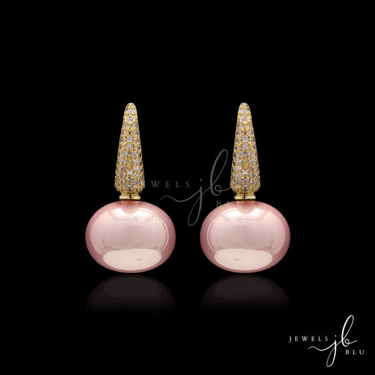 Metallic Pink Fresh Water Pearl Gold Finish Huggie Earrings with Micro Setting American Diamonds