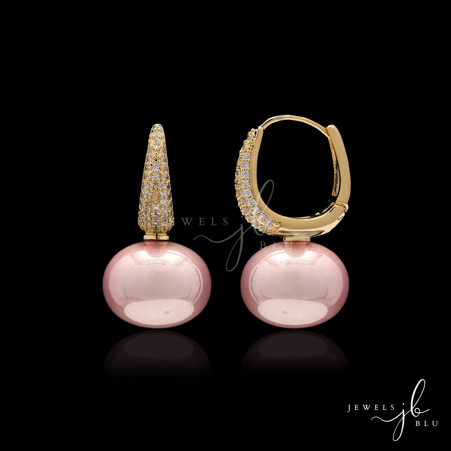 Metallic Pink Fresh Water Pearl Gold Finish Huggie Earrings with Micro Setting American Diamonds