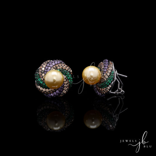Multi Coloured American Diamond Golden Pearl Party Earrings