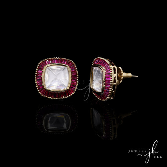 Classic Polki and Baguette Ruby Jigyasa Studs in Antique Gold Finish