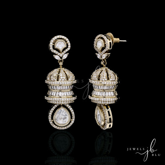 Festive Exclusive Antique Gold Finish 3 Layered Premium Moissanite Polki Jhumki Earrings