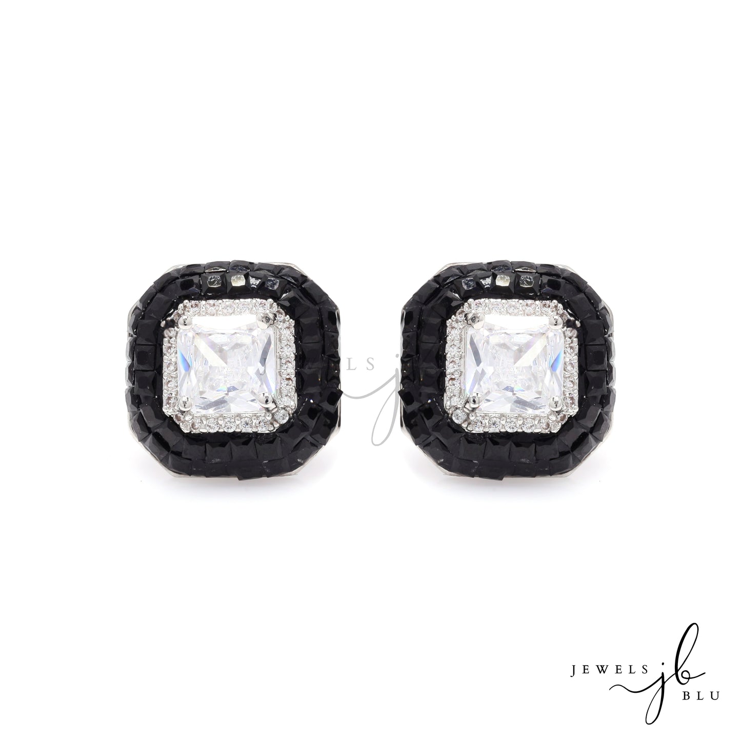 Black Daisy Enamel and Princess Cut Solitaire Studs