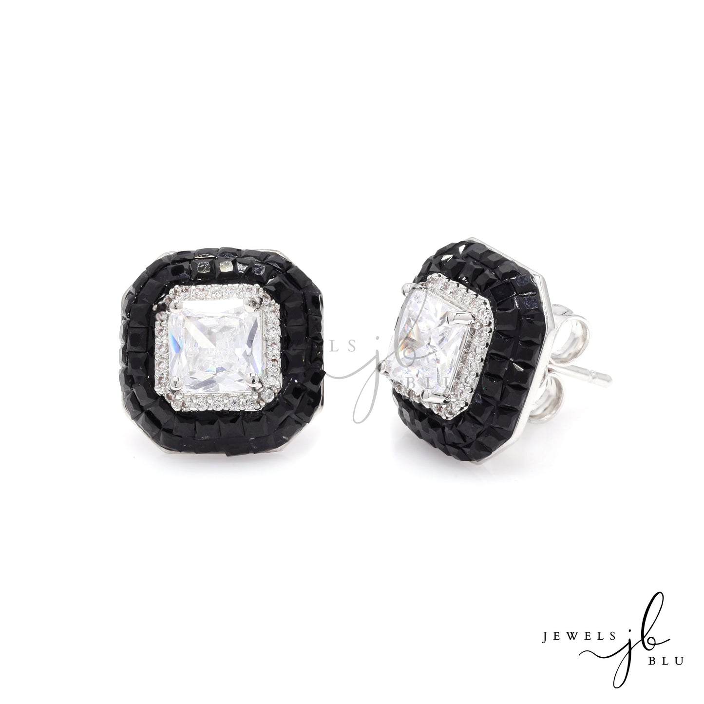 Black Daisy Enamel and Princess Cut Solitaire Studs