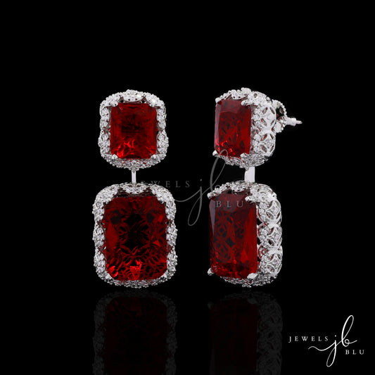 American Diamond Hydro Ruby Party Danglers with Intricate Handwork