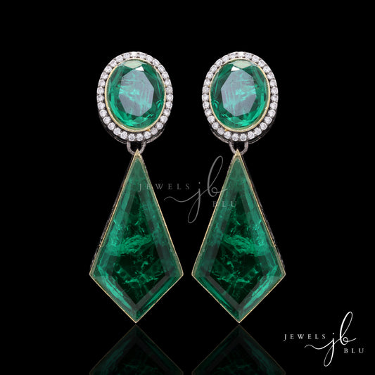 Premium Hydro Diya Emerald Danglers with Back Diamond Handwork