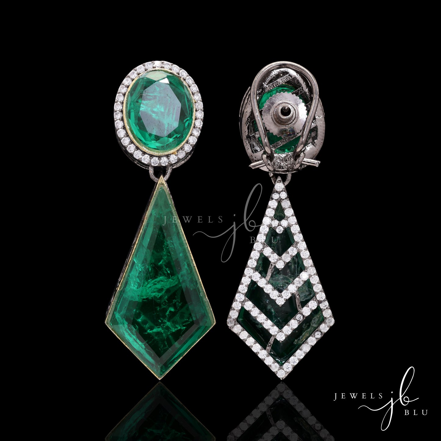 Premium Hydro Diya Emerald Danglers with Back Diamond Handwork