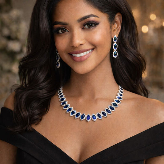 Blue Marquise American Diamond Wedding Necklace Set with Earrings for Women