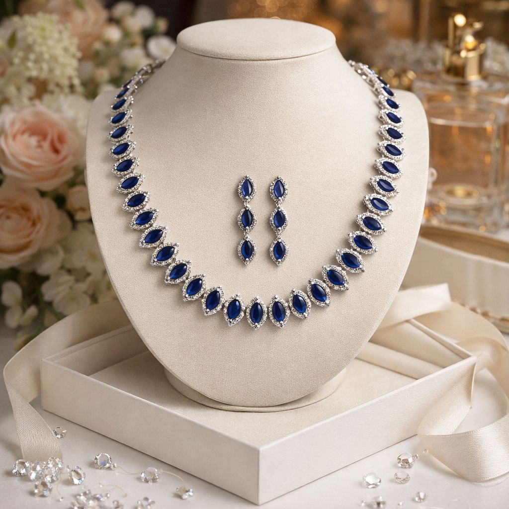 Blue Marquise American Diamond Wedding Necklace Set with Earrings for Women
