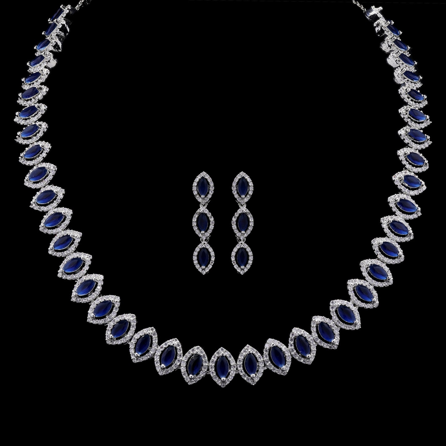 Blue Marquise American Diamond Wedding Necklace Set with Earrings for Women