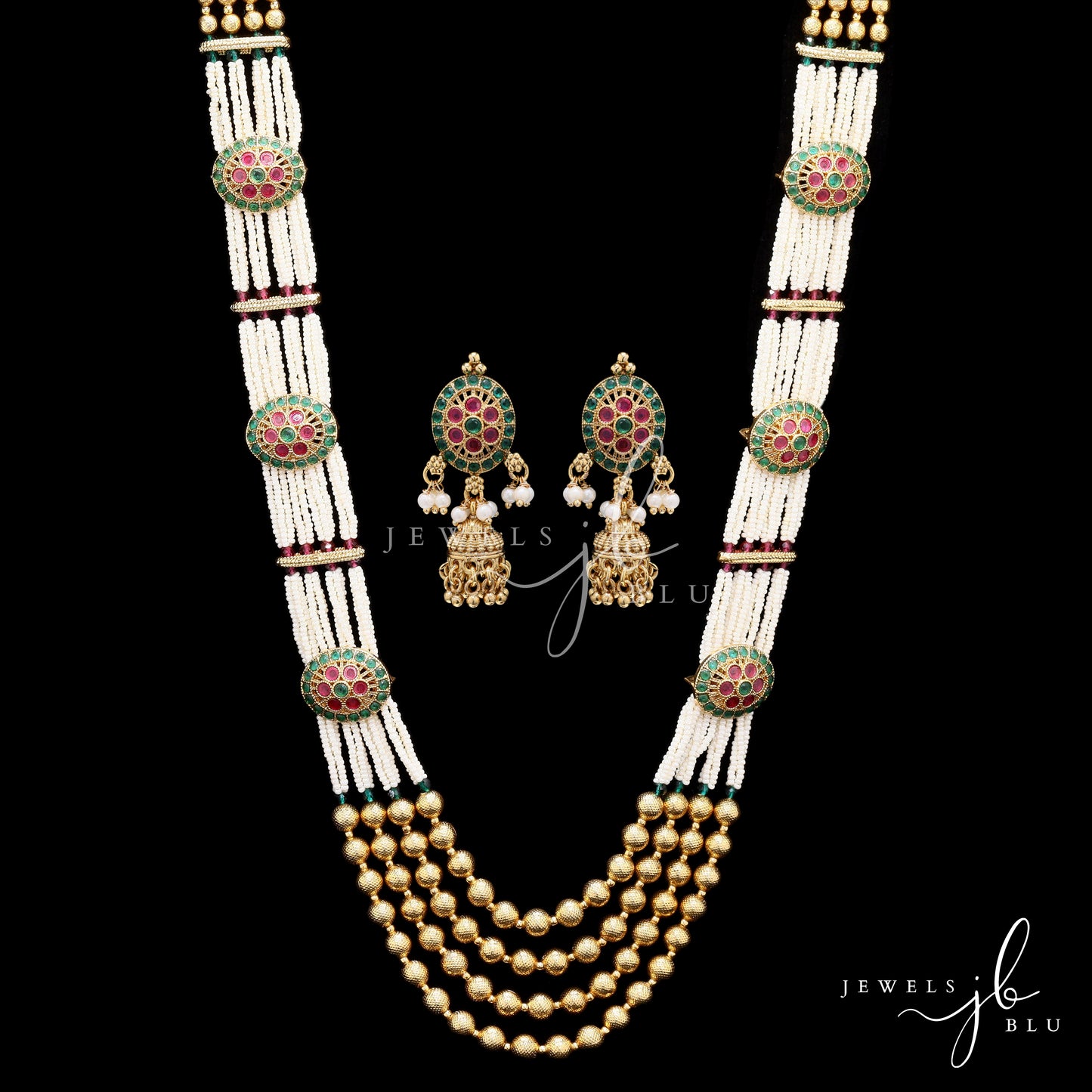 Festive Exclusive 4 Layer Antique Gold Finish Moti Ghungroo Layered Necklace Set with Earrings