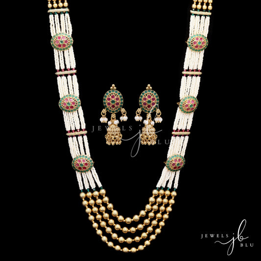 Festive Exclusive 4 Layer Antique Gold Finish Moti Ghungroo Layered Necklace Set with Earrings