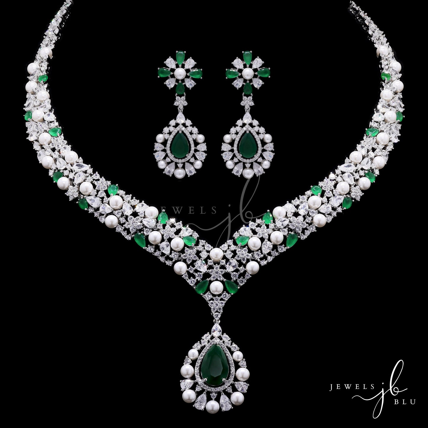 Premium Emerald Drop and Fresh Water Pearl Nytara Necklace Set with Earrings