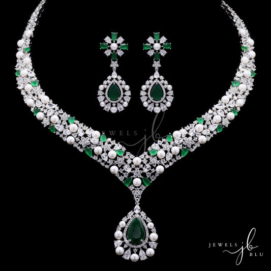 Premium Emerald Drop and Fresh Water Pearl Nytara Necklace Set with Earrings