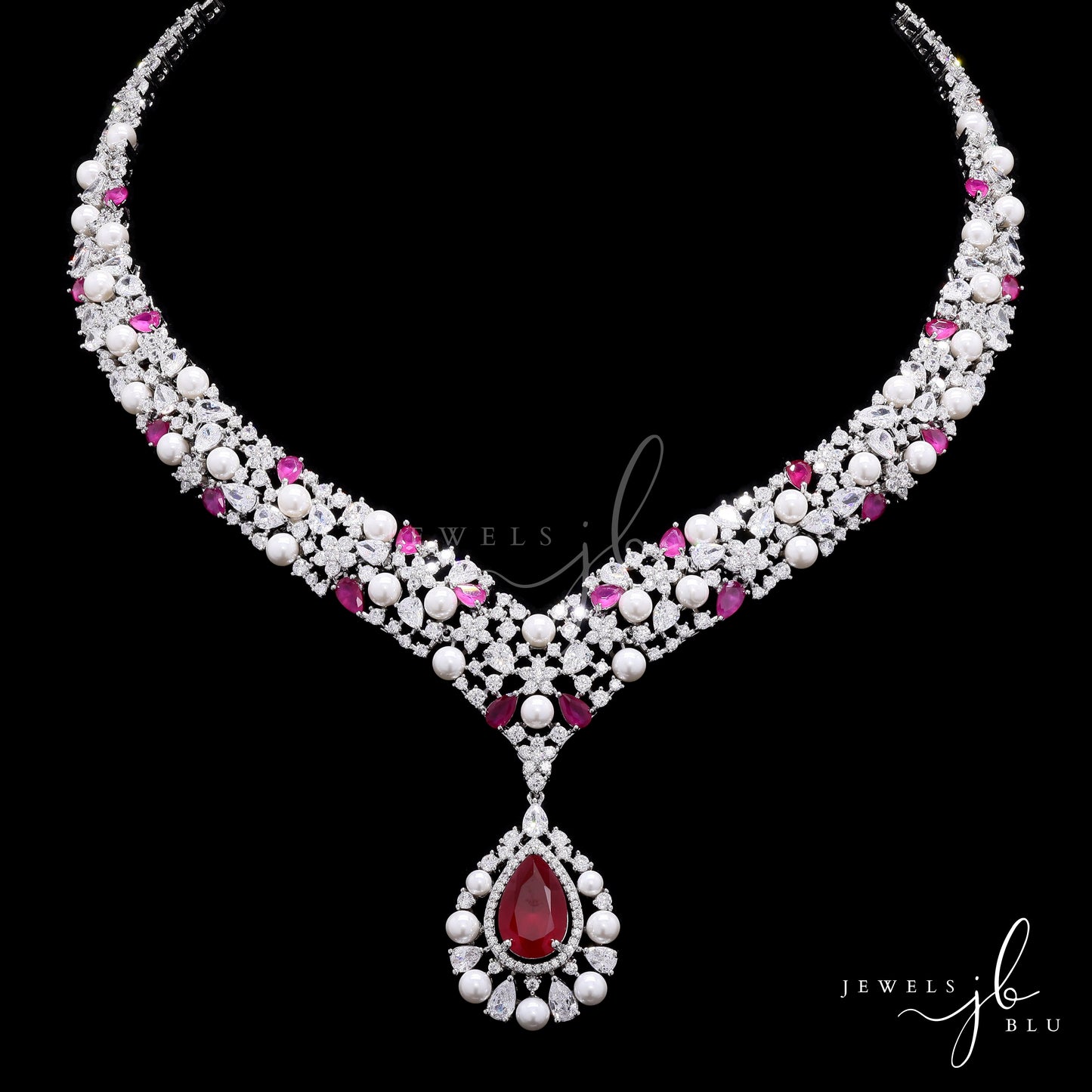 Premium Ruby  Drop and Fresh Water Pearl Nytara Necklace Set with Earrings