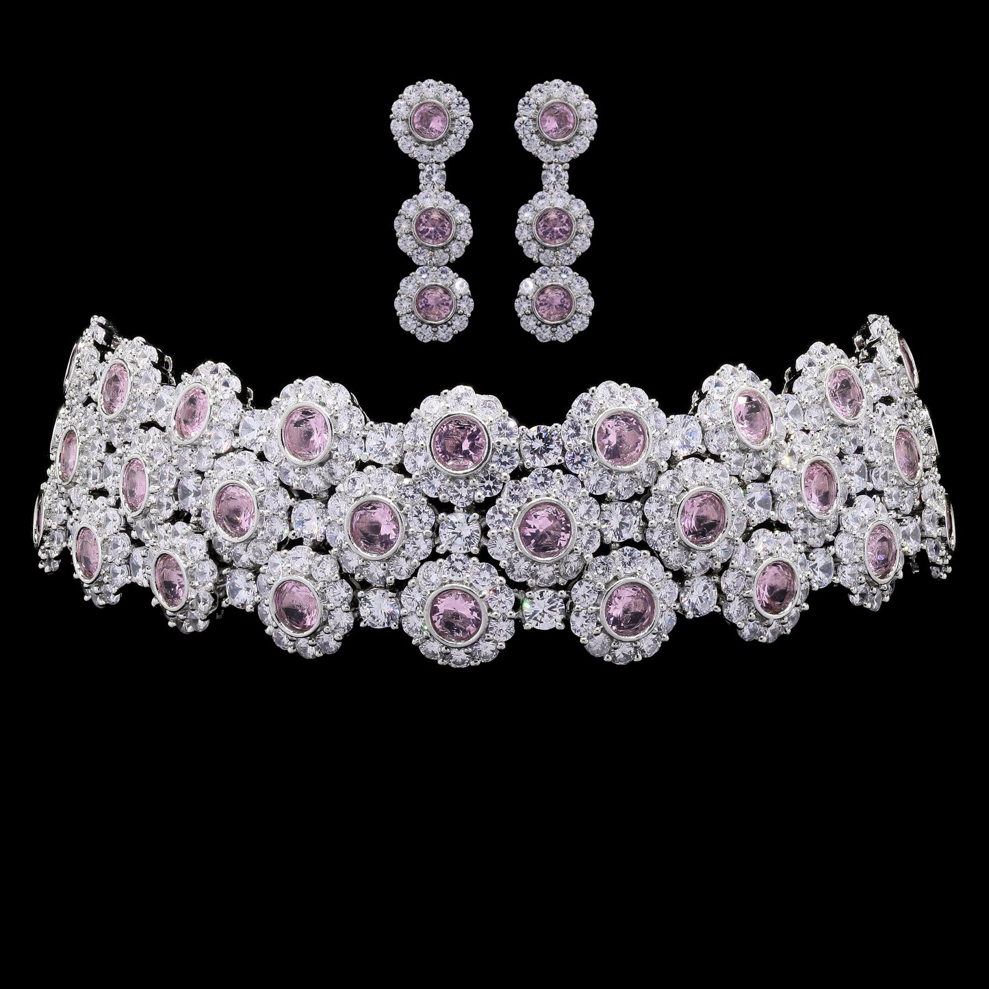 Pink Diamond Choker Necklace Set with Earrings for Women