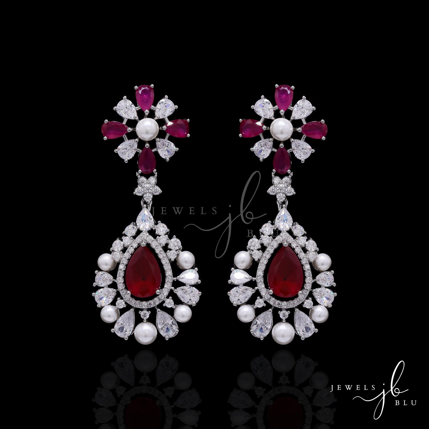 Premium Ruby  Drop and Fresh Water Pearl Nytara Necklace Set with Earrings