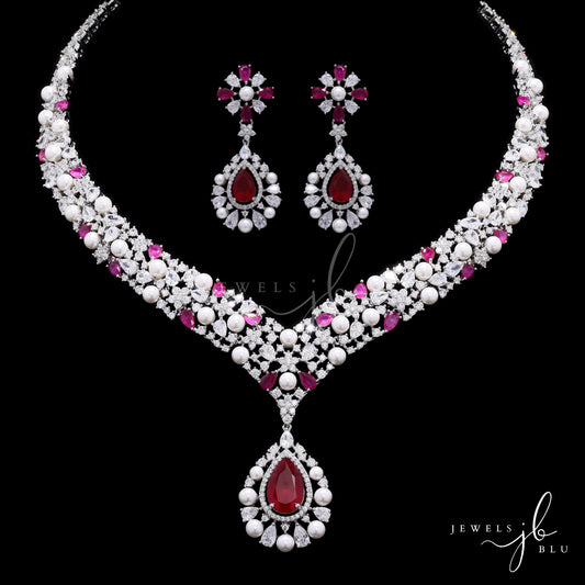Premium Ruby  Drop and Fresh Water Pearl Nytara Necklace Set with Earrings