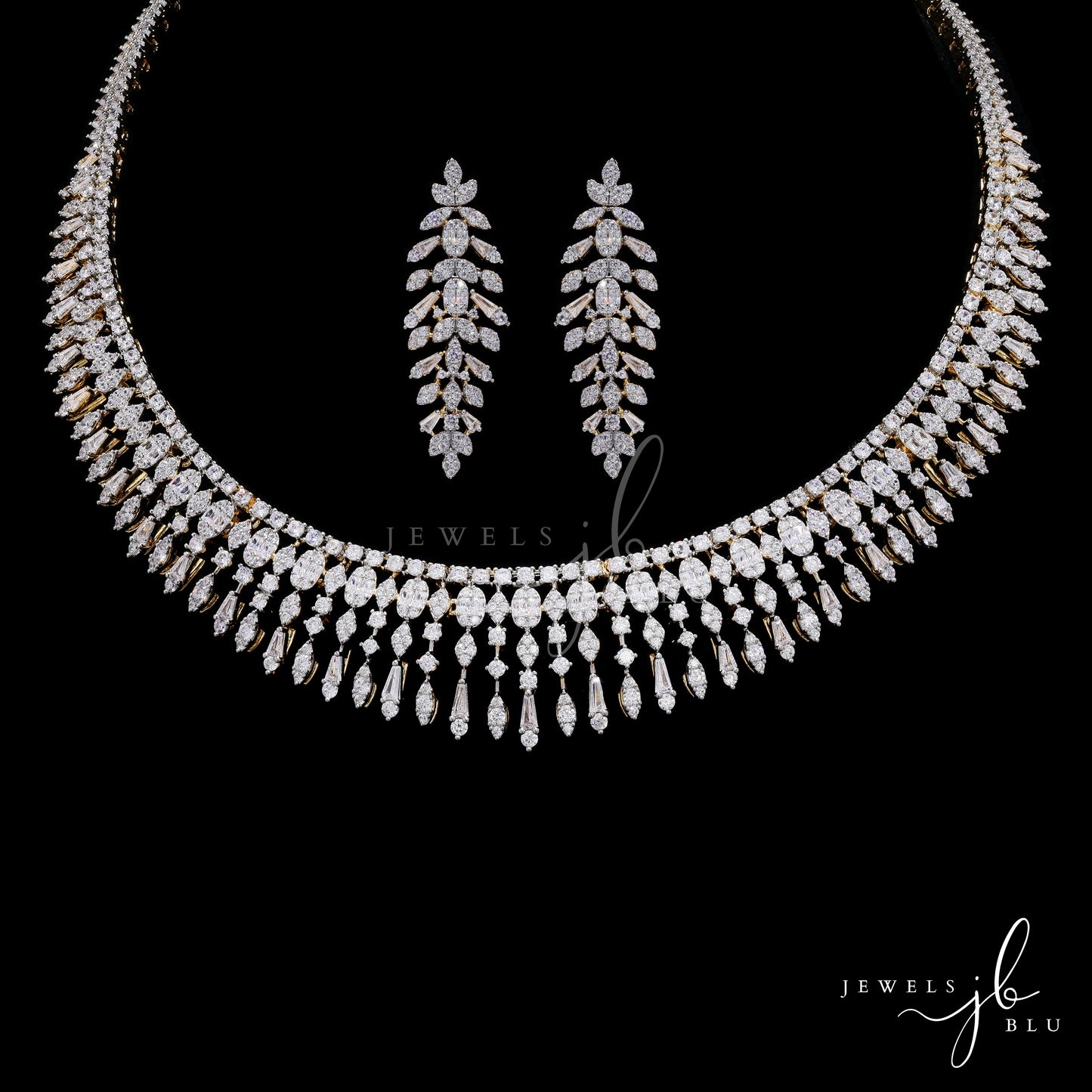 Premium Solitaire Pointer and Octa Setting Yuvi Gold Finish Bridal Necklace Set with Earrings