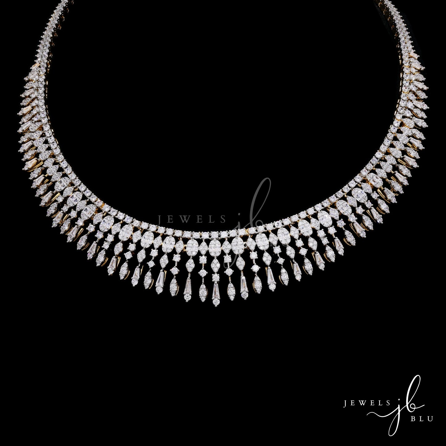 Premium Solitaire Pointer and Octa Setting Yuvi Gold Finish Bridal Necklace Set with Earrings
