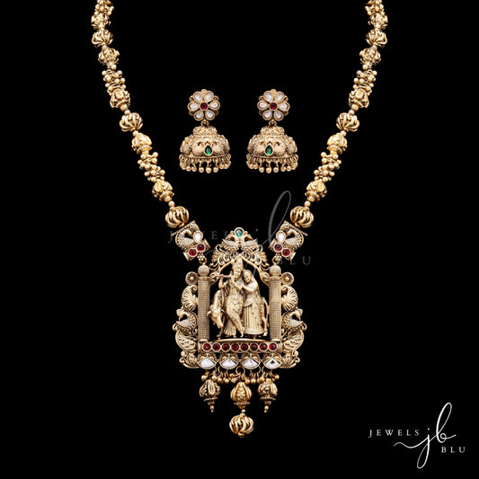 Festive Exclusive Antique Gold Finish Radha Krishna Hand Carved Jharoka Necklace Set with Jhumkis