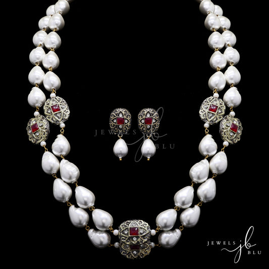 Baroque Pearl and Polki 2 Line Necklace Set with Ruby Detailing