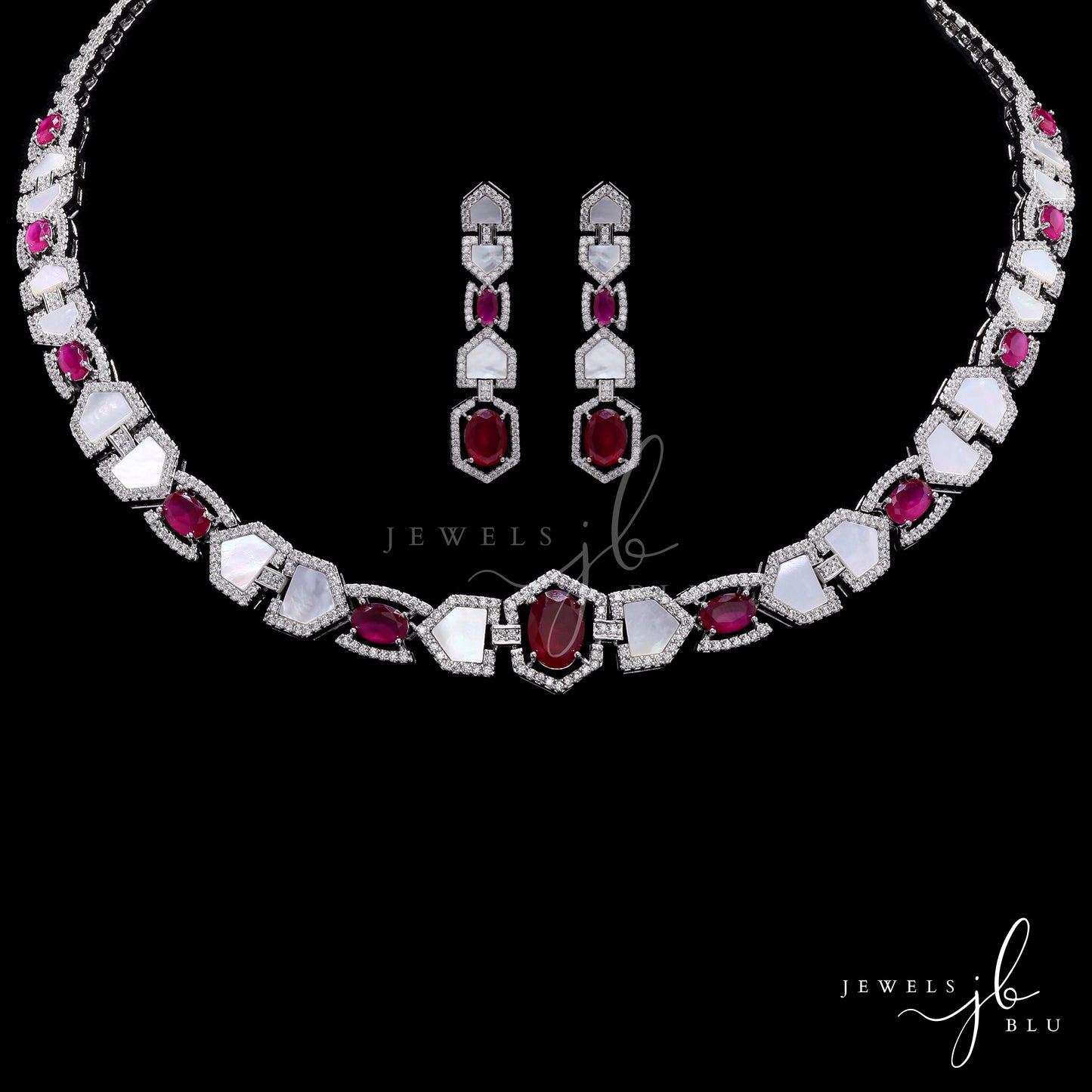 Premium Ruby and Mother of Pearl Janice Necklace Set with Earrings