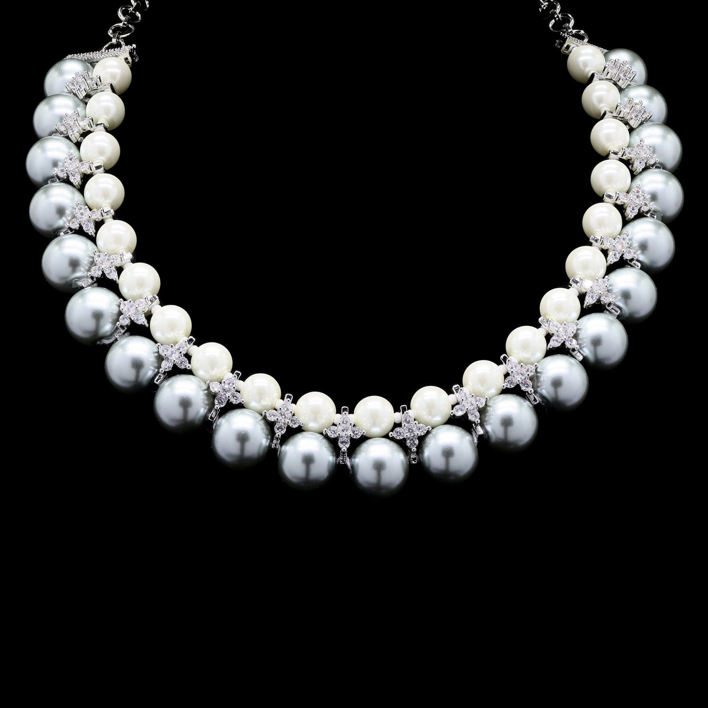 Double Layered Grey and White Natural Fresh Water Pearl Choker Necklace Set for Women