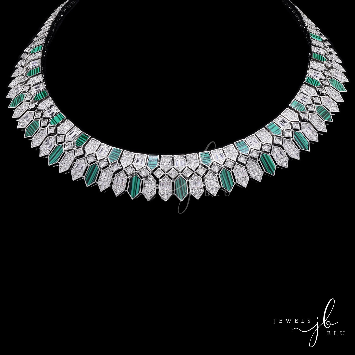 Premium Italian Setting American Diamond and Green Malachite Kylie Necklace Set with Earrings