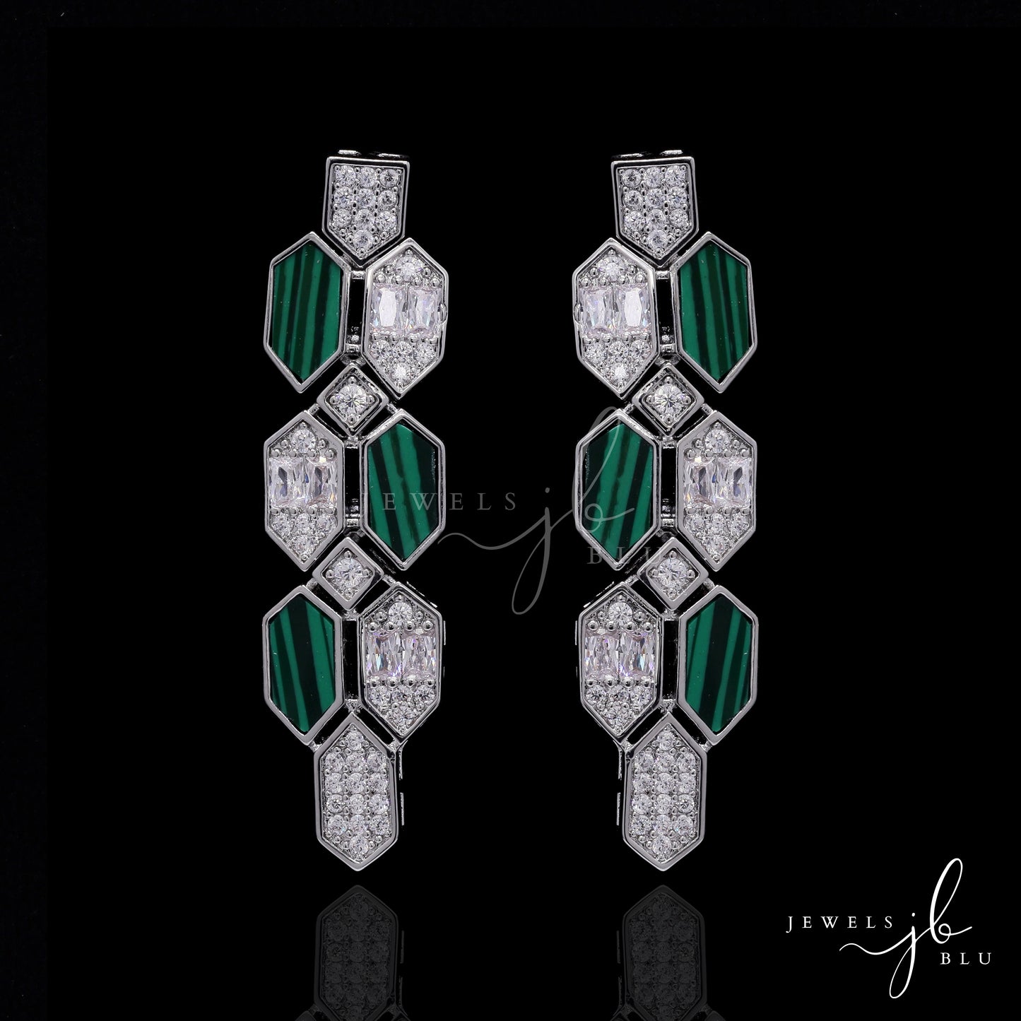 Premium Italian Setting American Diamond and Green Malachite Kylie Necklace Set with Earrings