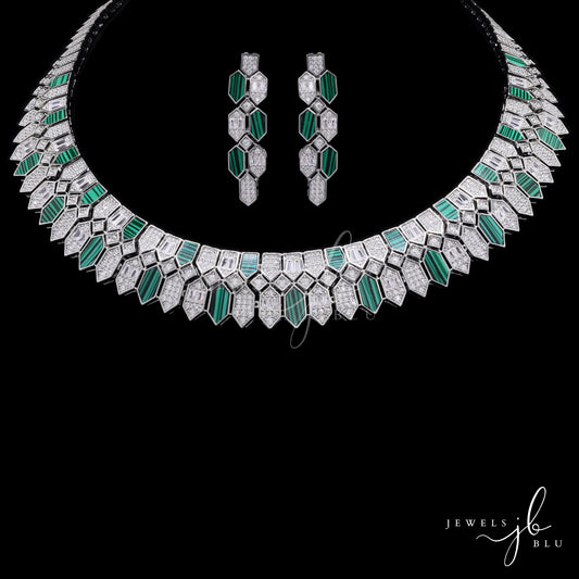 Premium Italian Setting American Diamond and Green Malachite Kylie Necklace Set with Earrings