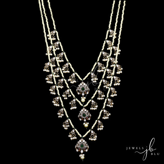 Antique Finish 3 Line Pearl and Polki Haar Necklace