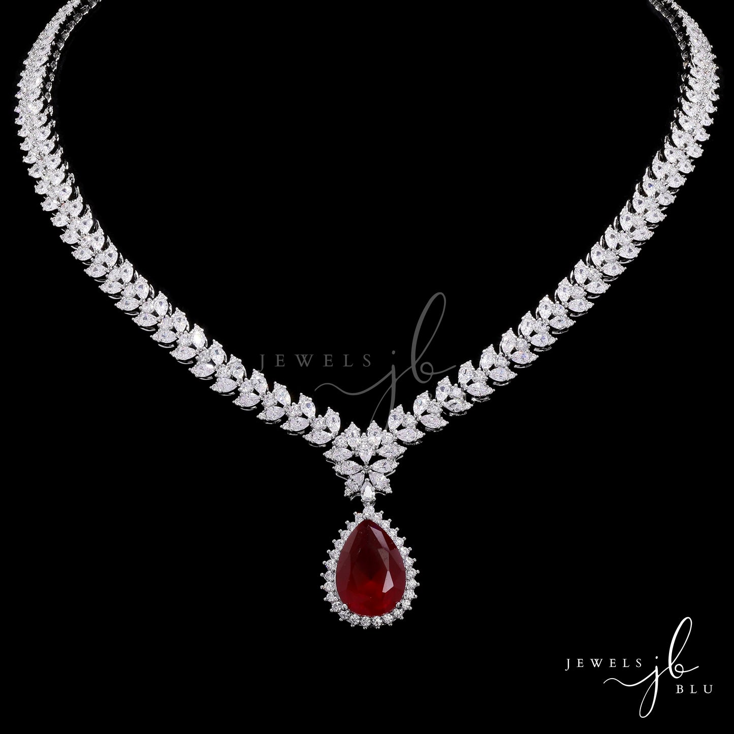 Premium Ruby and Marquise Diamond Beyonce Necklace Set with Earrings