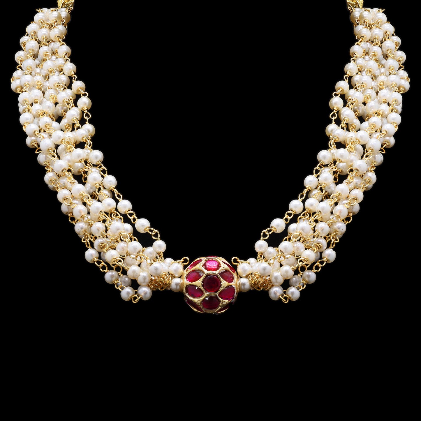 Entangled Pearl String Choker Necklace for Women with Ruby Centre Detailing
