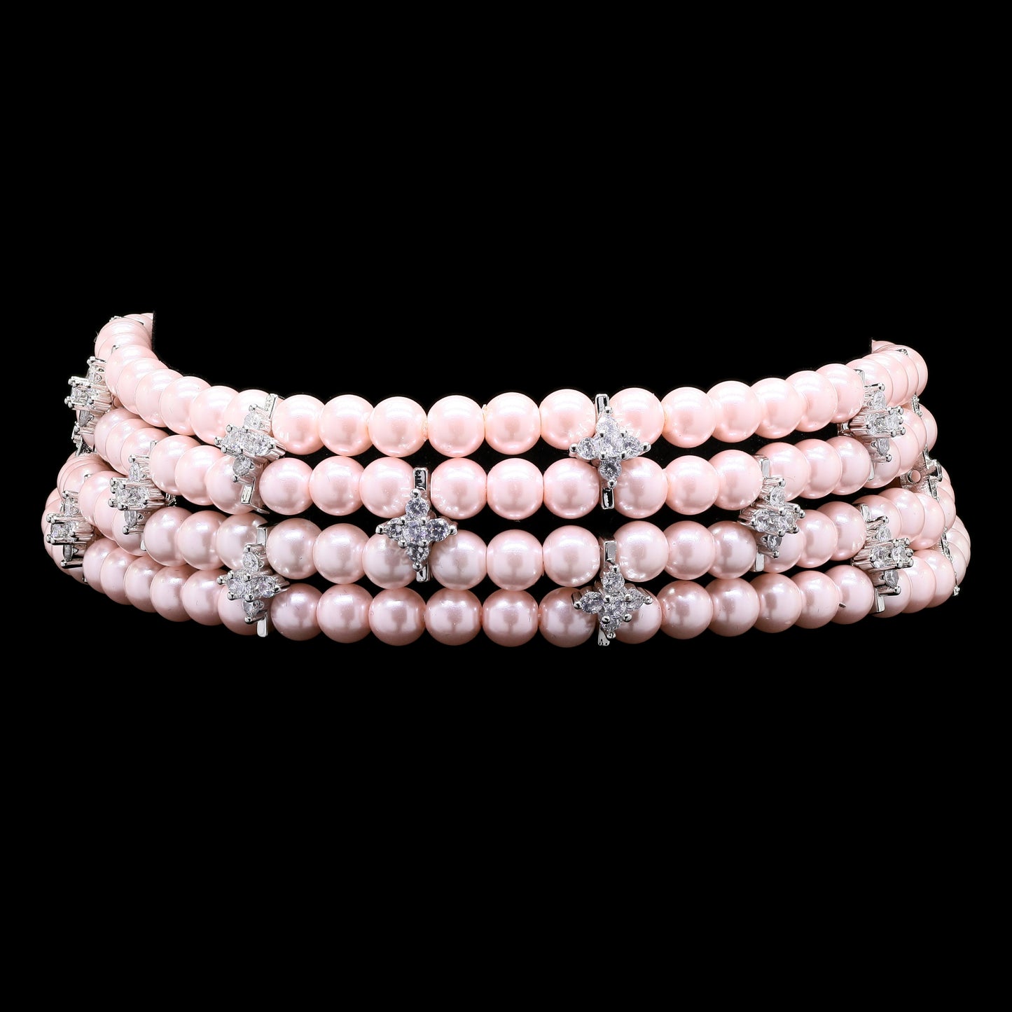Four Line Pink Natural Fresh Water Pearl Choker Necklace with American Diamonds for Women
