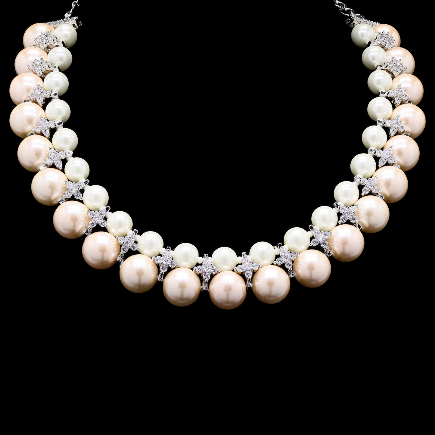 Double Line Cream Natural Fresh Water Peal Necklace with American Diamonds for Women