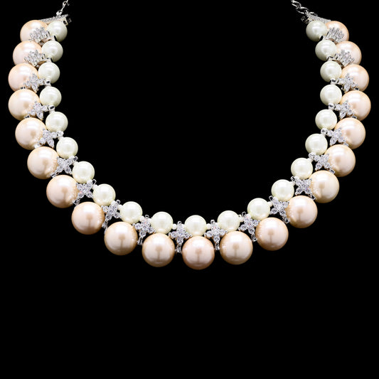 Double Line Cream Natural Fresh Water Peal Necklace with American Diamonds for Women