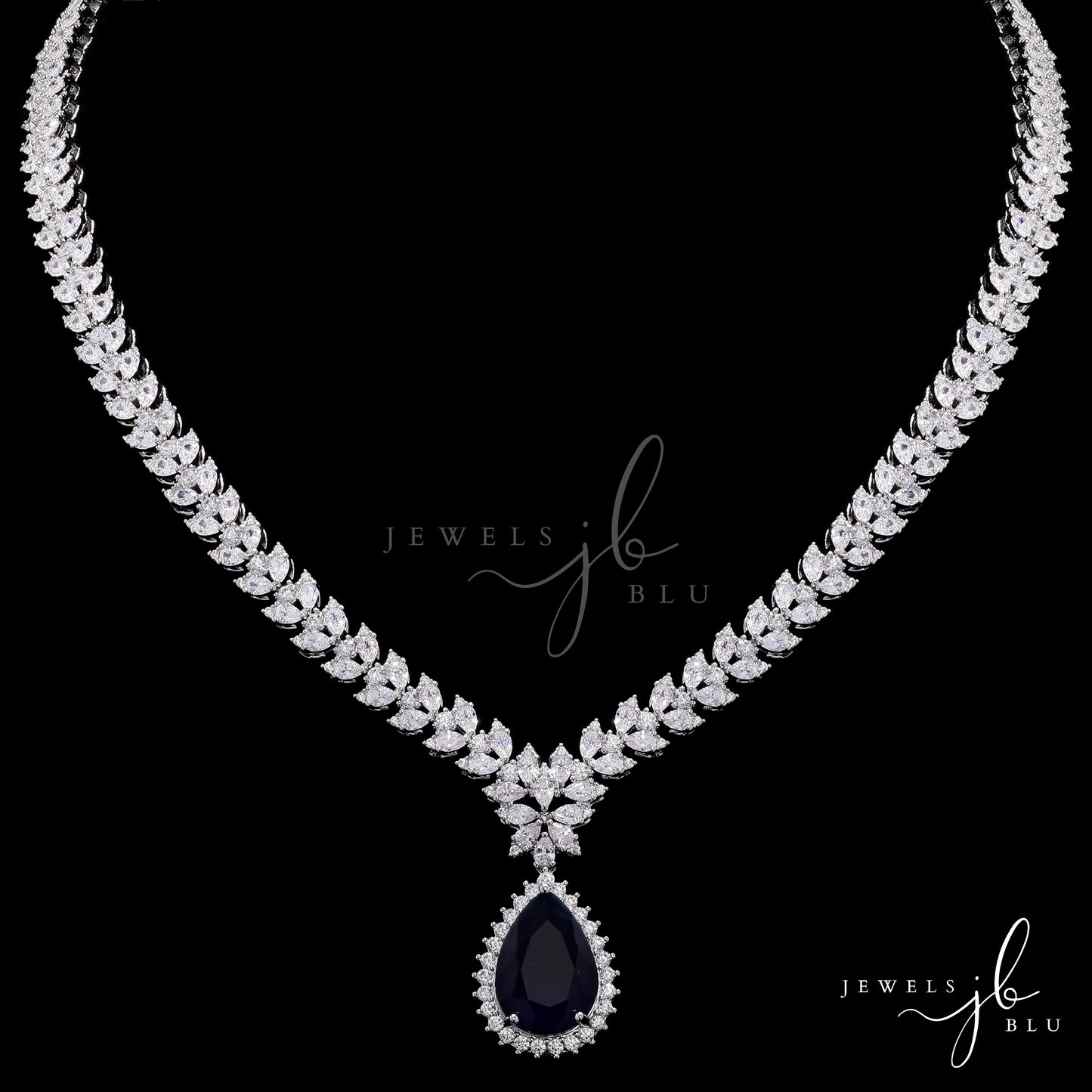 Premium Blue Sapphire and Marquise Diamond Beyonce Necklace Set with Earrings