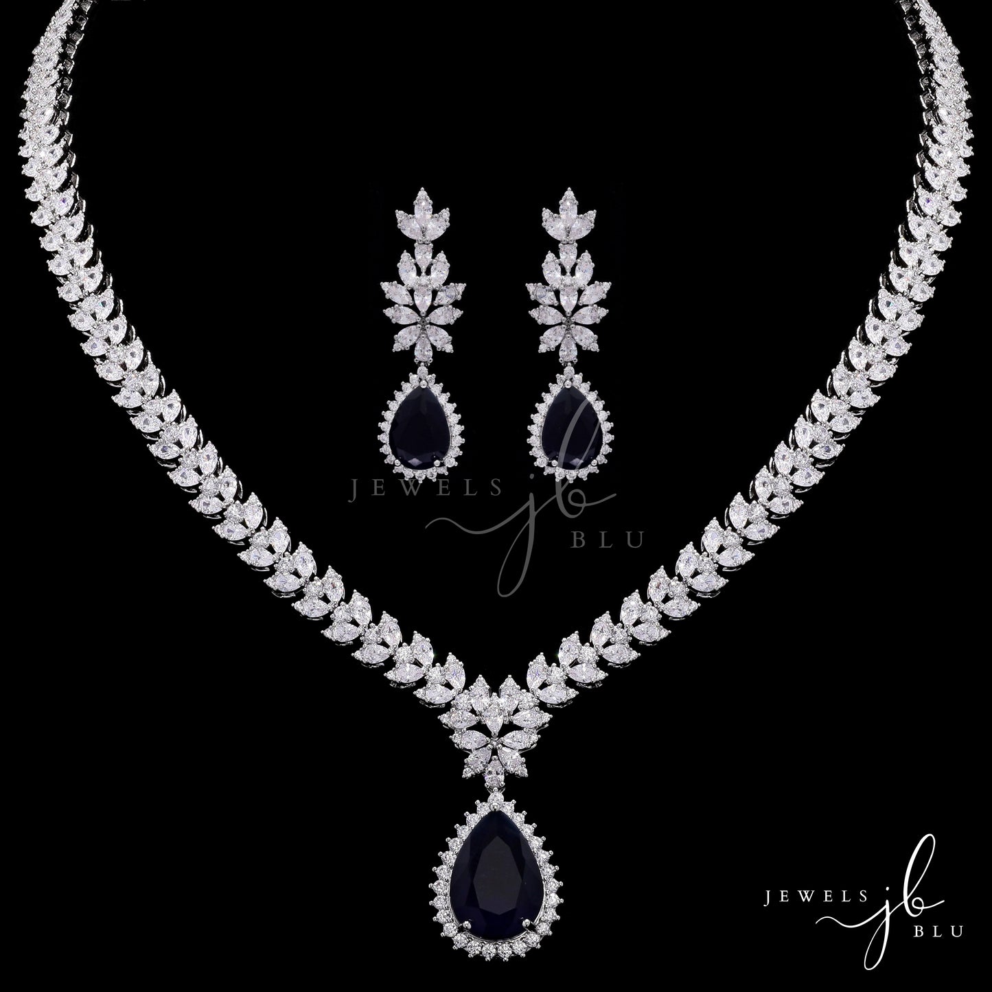 Premium Blue Sapphire and Marquise Diamond Beyonce Necklace Set with Earrings