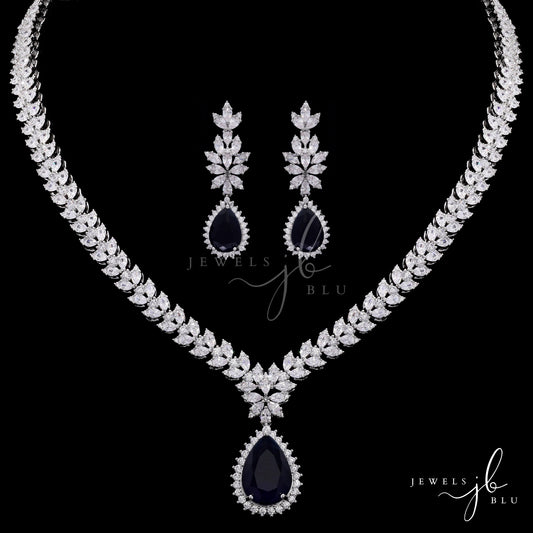 Premium Blue Sapphire and Marquise Diamond Beyonce Necklace Set with Earrings