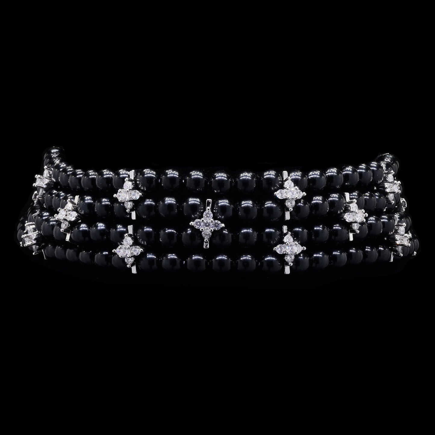 Four Line Black Natural Fresh Water Pearl Necklace with American Diamonds for Women