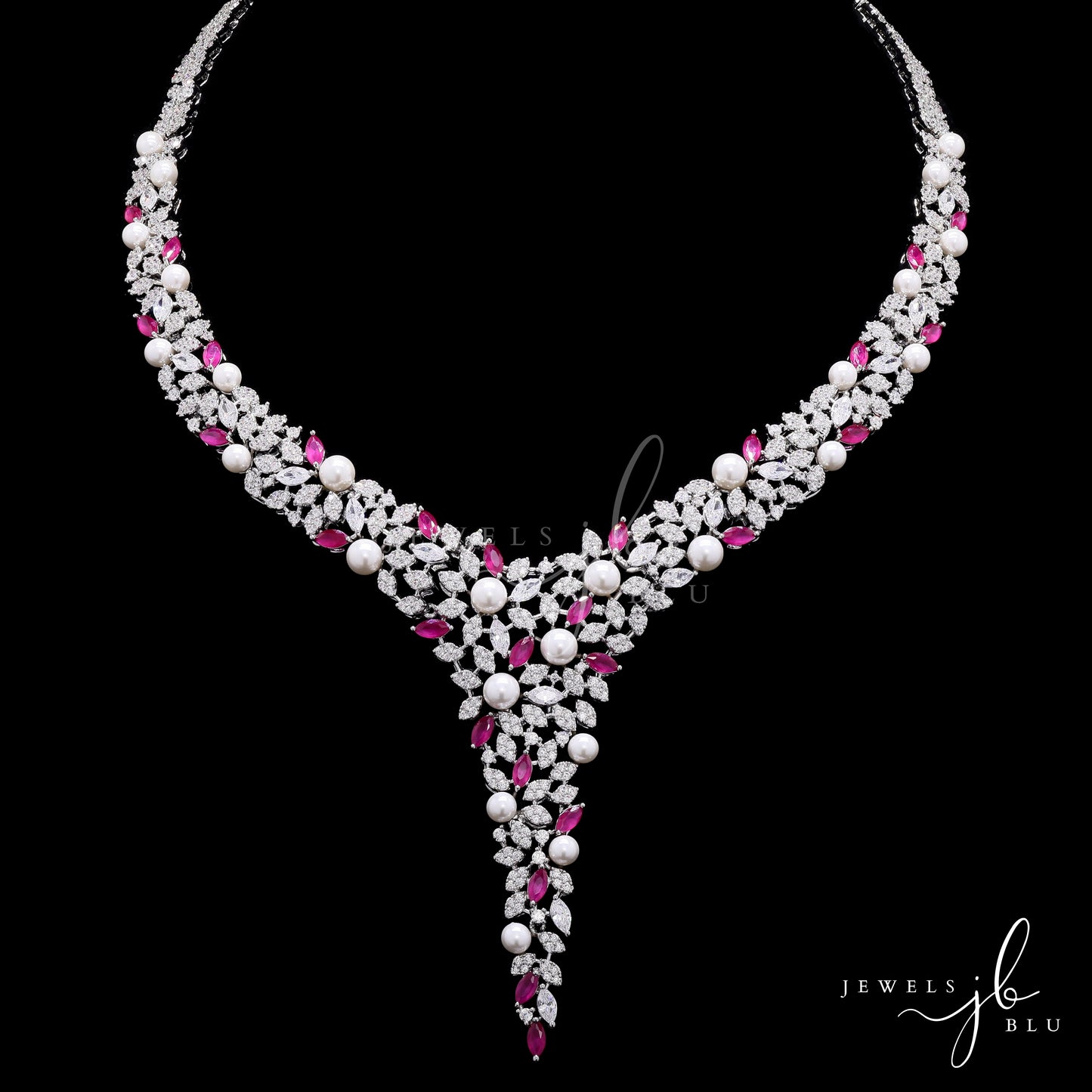 Fresh Water Pearl and Ruby Cocktail Necklace Set with Earrings